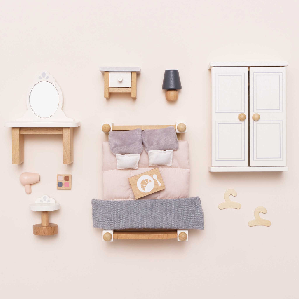 Houten poppenhuismeubels slaapkamer ouders - 19 delige set