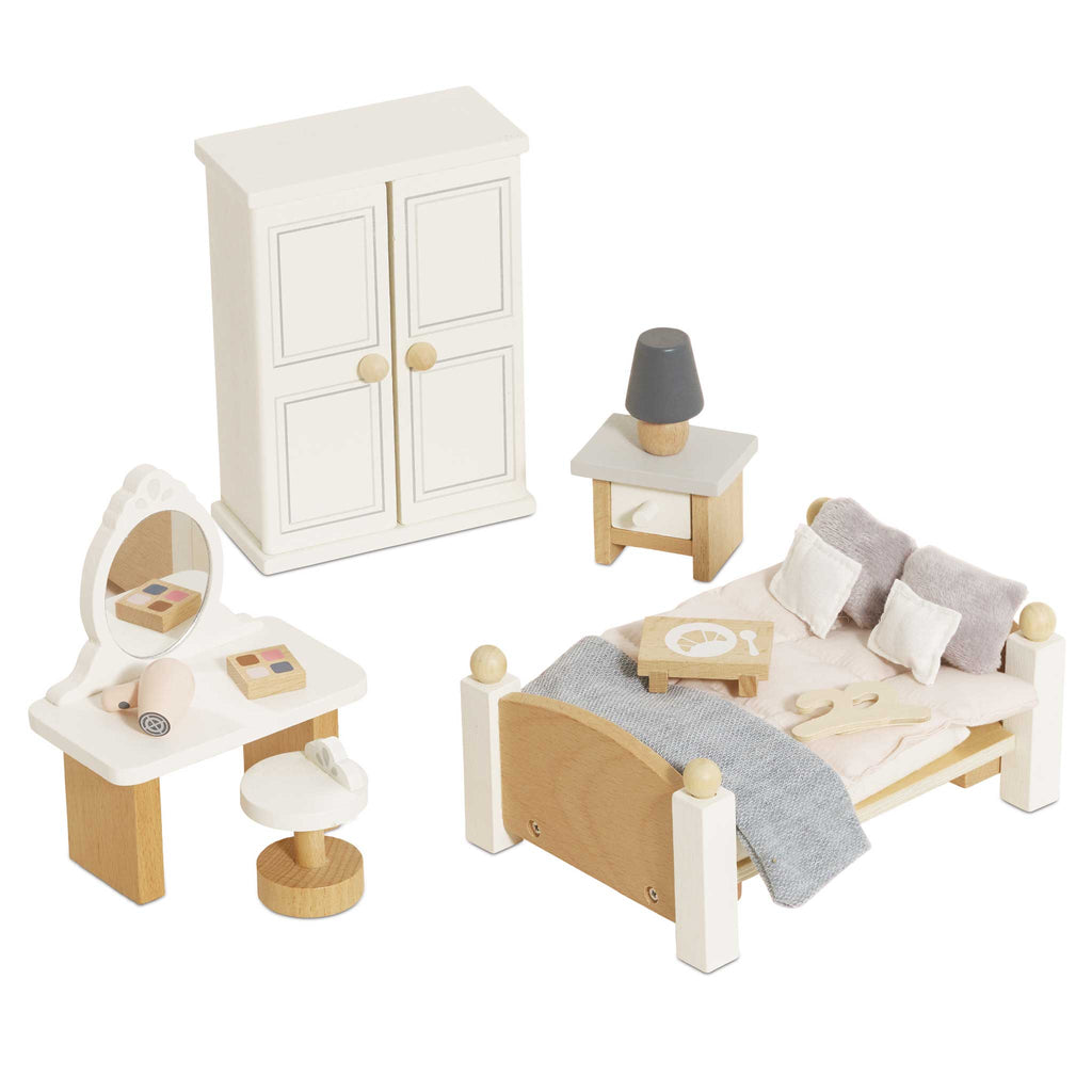 Houten poppenhuismeubels slaapkamer ouders - 19 delige set