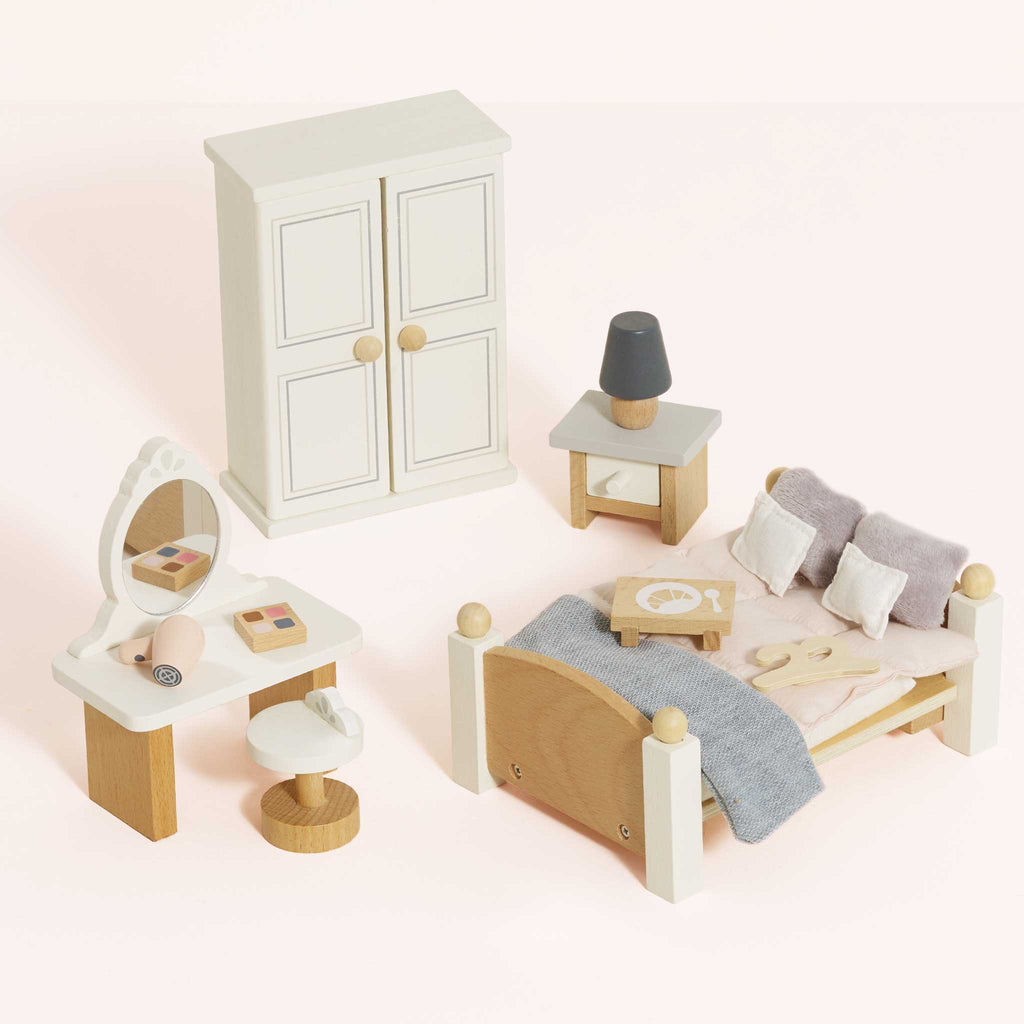 Houten poppenhuismeubels slaapkamer ouders - 19 delige set