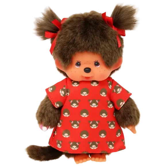 Monchhichi Meisje rood jurkje met print - 20 cm