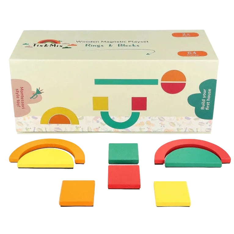 Magnetische bouwset Tix&Mix Rings & Blocks - 64 houten magneten