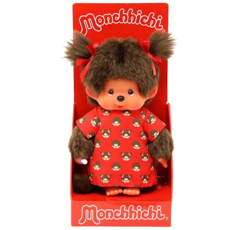 Monchhichi Meisje rood jurkje met print - 20 cm