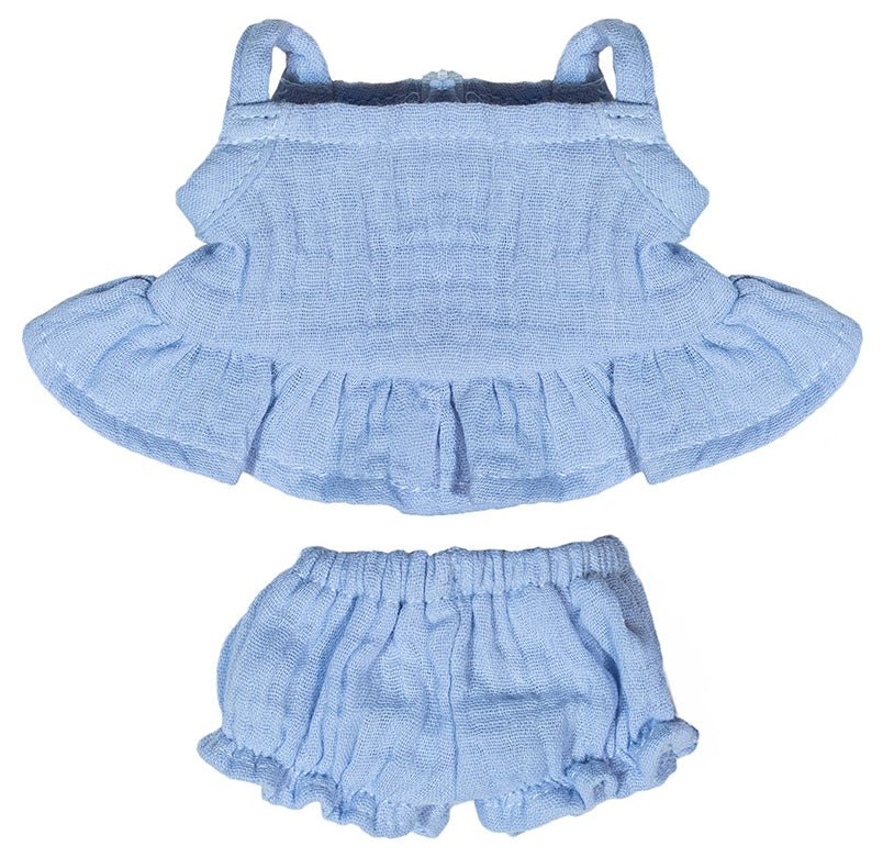 Blauw poppenkleedje met broekje - voor popje van 21 cm - Poppenkleding Miniland - In den Olifant