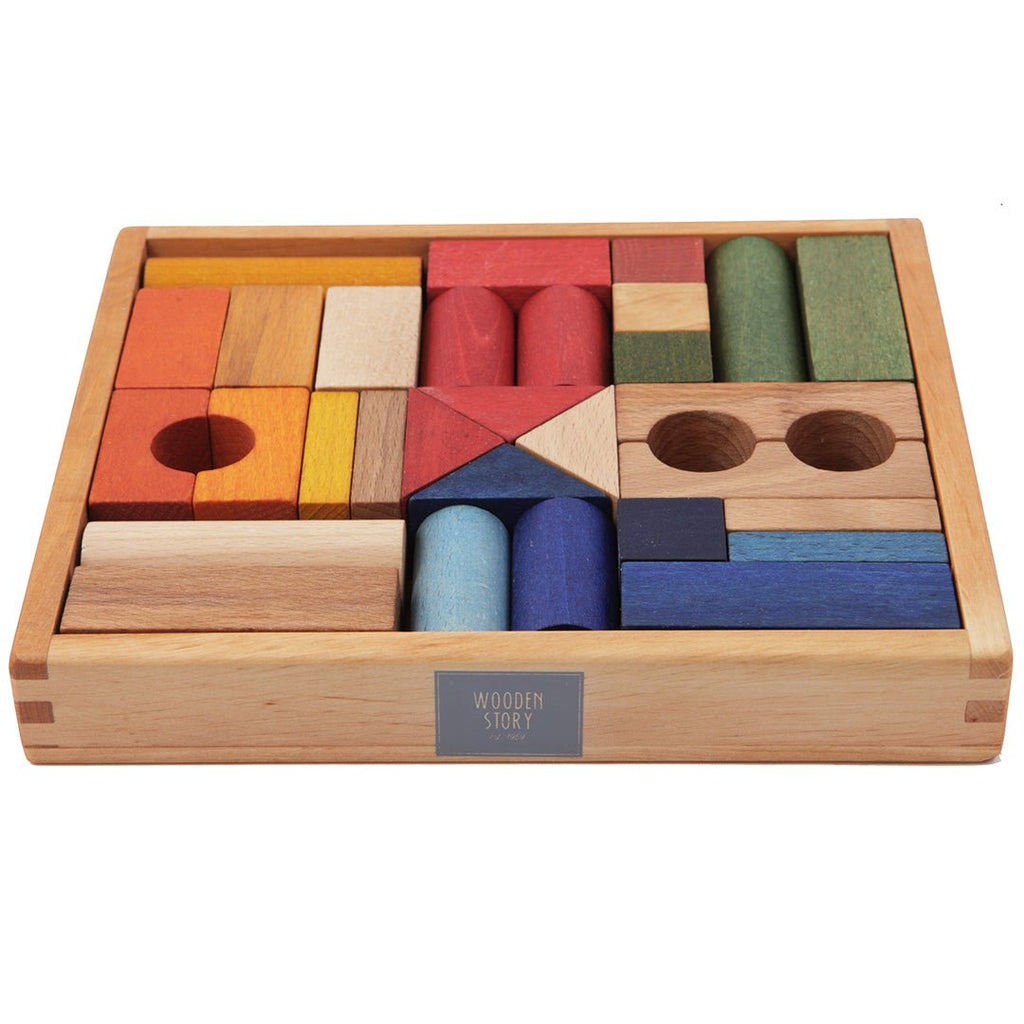 Blokkendoos Rainbow blocks in tray - 30 stuks - Houten blokken Wooden Story - In den Olifant