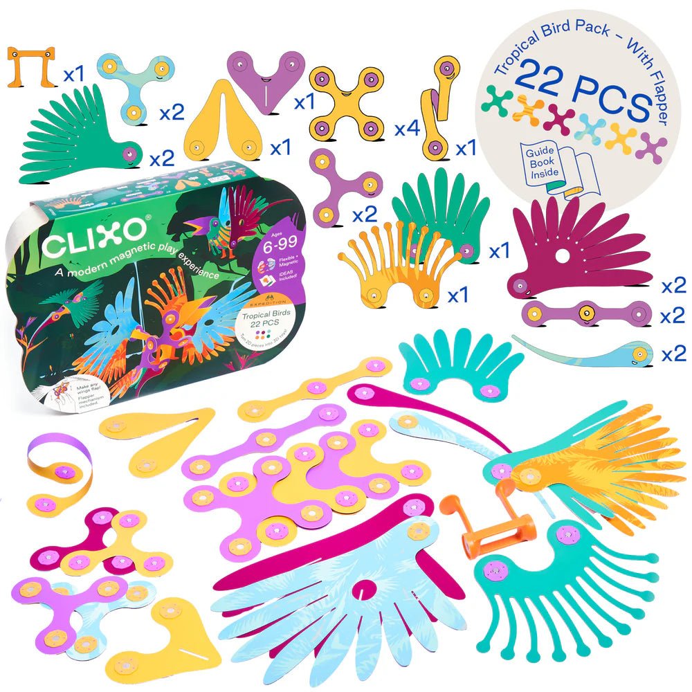 Bouwset met magneten Tropical Birds - 22 onderdelen - Magnetische bouwspeelgoed Clixo - In den Olifant