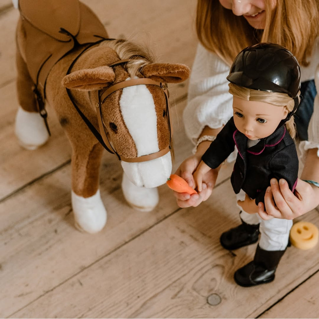 Bruin paard met zadel en teugel Boutique Springpaard - 27 cm - Poppenaccessoires Götz - In den Olifant