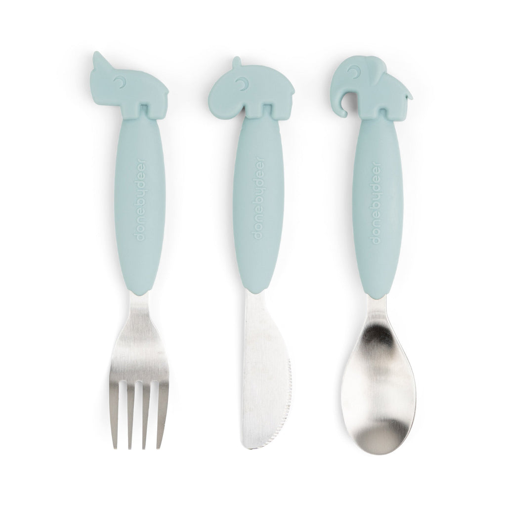 Easy - grip cutlery set Deer friends Blue - Bestek en rietjes Done by Deer - In den Olifant
