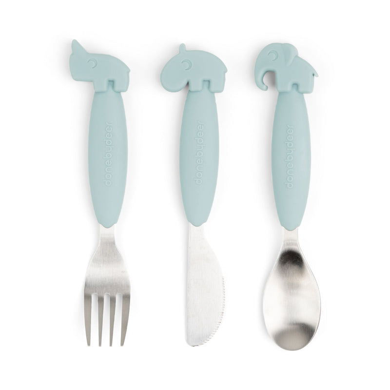 Easy - grip cutlery set Deer friends Blue - Bestek en rietjes Done by Deer - In den Olifant