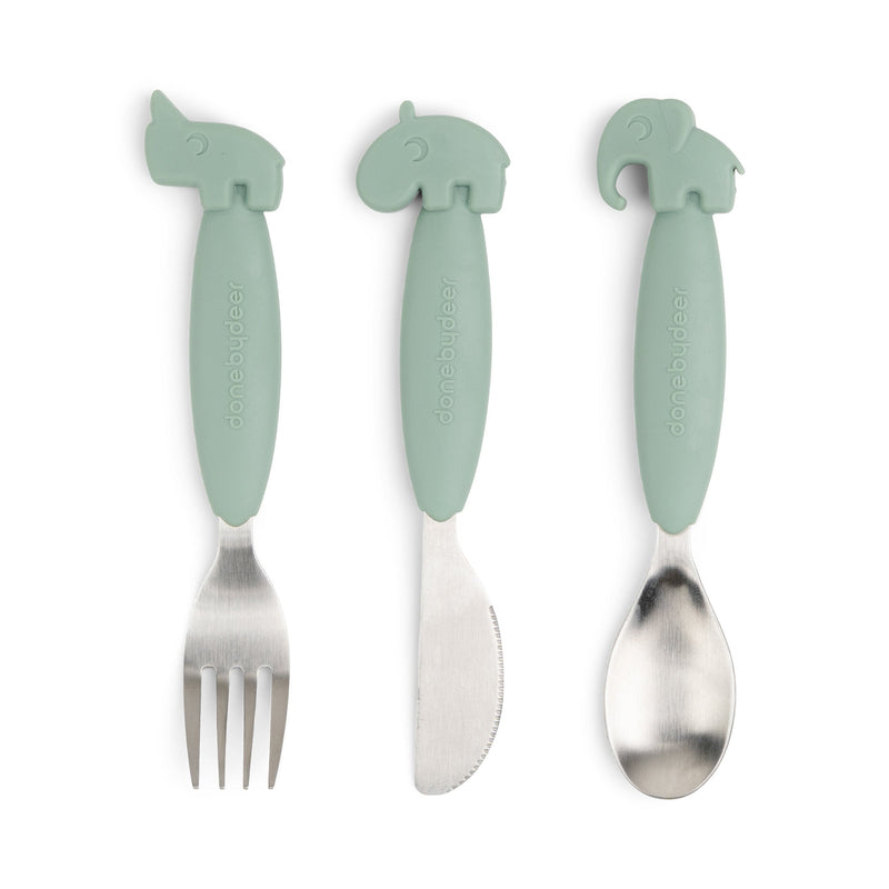 Easy - grip cutlery set Deer friends Green - Bestek en rietjes Done by Deer - In den Olifant