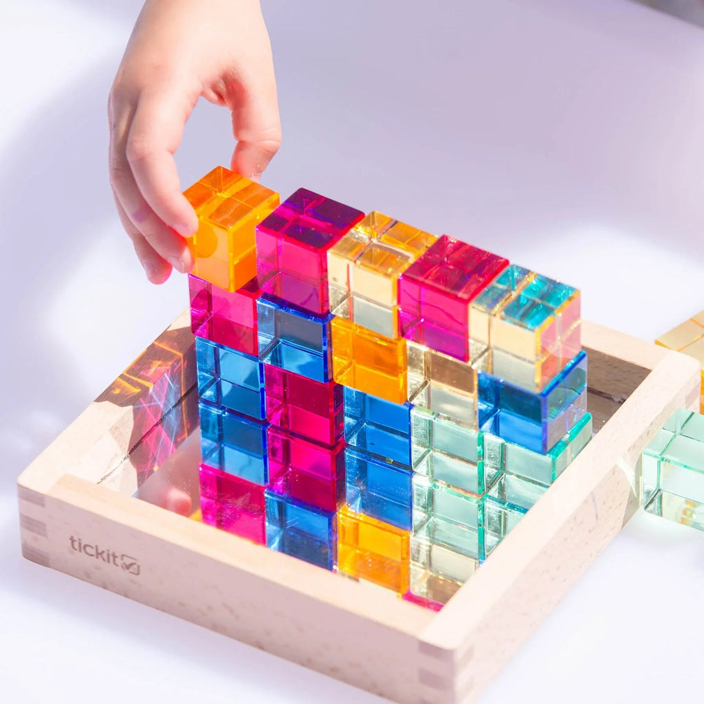 Edelsteen Kubus Spiegeltray met 25 blokjes - Open ended speelgoed Tickit - In den Olifant