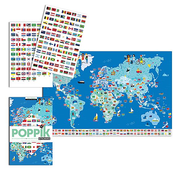 Educatieve Xxl Poster + 200 Stickers Flags | 6 - 12 Jaar - Stickers en stickersets Poppik - In den Olifant