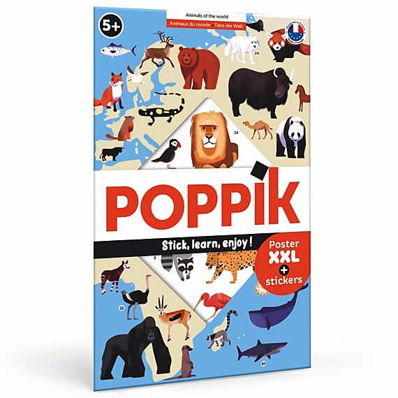 Educatieve Xxl Poster + 42 Stickers Animals Of The World | 5 - 12 Jaar - Stickers en stickersets Poppik - In den Olifant