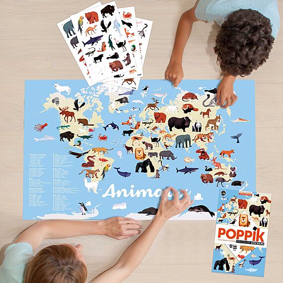 Educatieve Xxl Poster + 42 Stickers Animals Of The World | 5 - 12 Jaar - Stickers en stickersets Poppik - In den Olifant