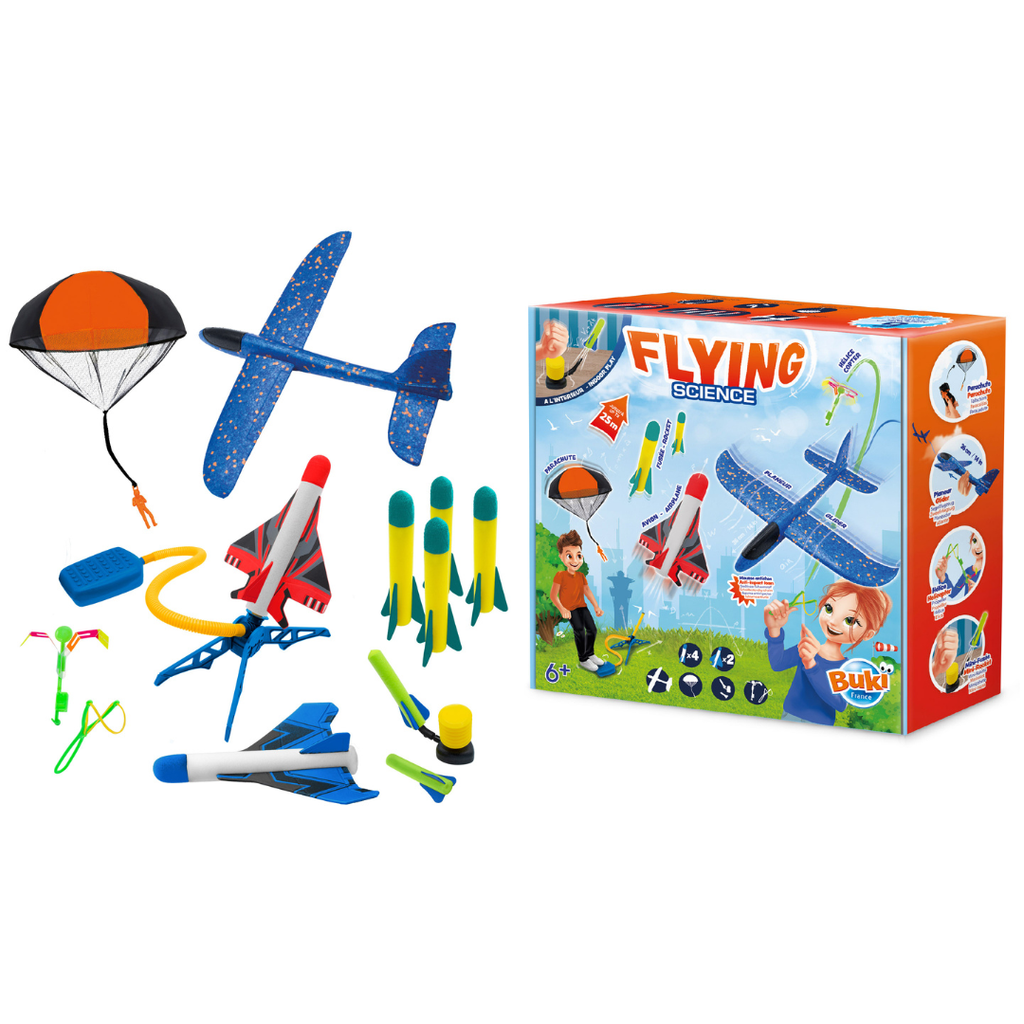 Flying Science - STEM vliegset met voetpomp - STEM speelgoed Buki - In den Olifant
