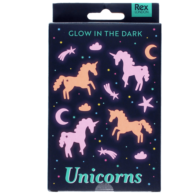 Glow in the dark stick - on shapes Unicorns - set van 24 - Muurdecoratie REX London - In den Olifant