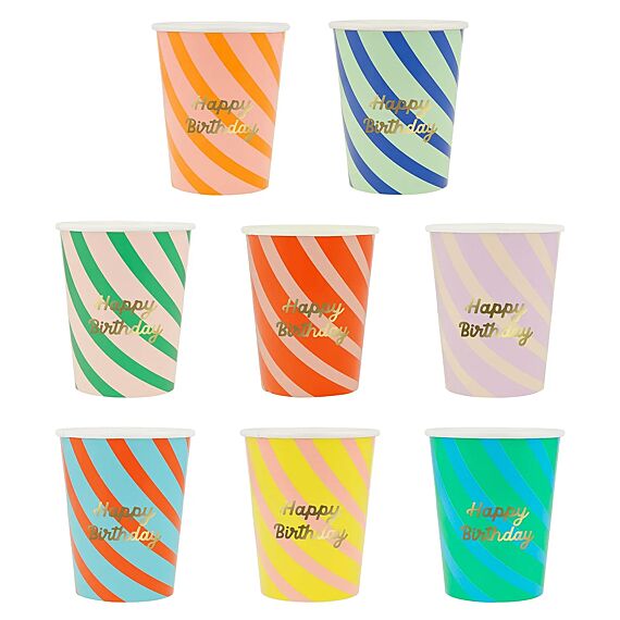 Feestbekers Striped Happy Birthday Cups - Set Van 8