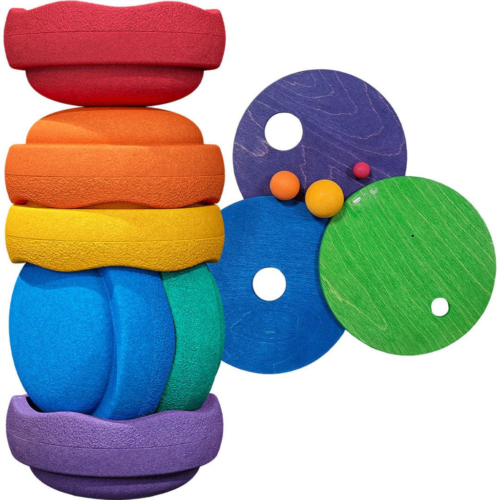 Grimms x Stapelstein® Set + Rolling Discs Cool Classic - Open ended speelgoed Stapelstein - In den Olifant
