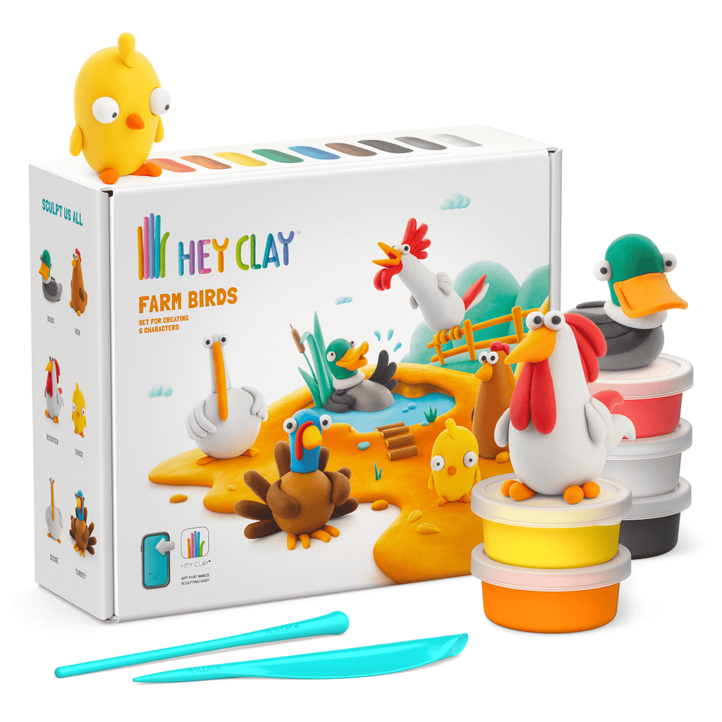 Hey Clay boetseerset Farm Birds - 15 potjes - Boetseren Hey Clay - In den Olifant