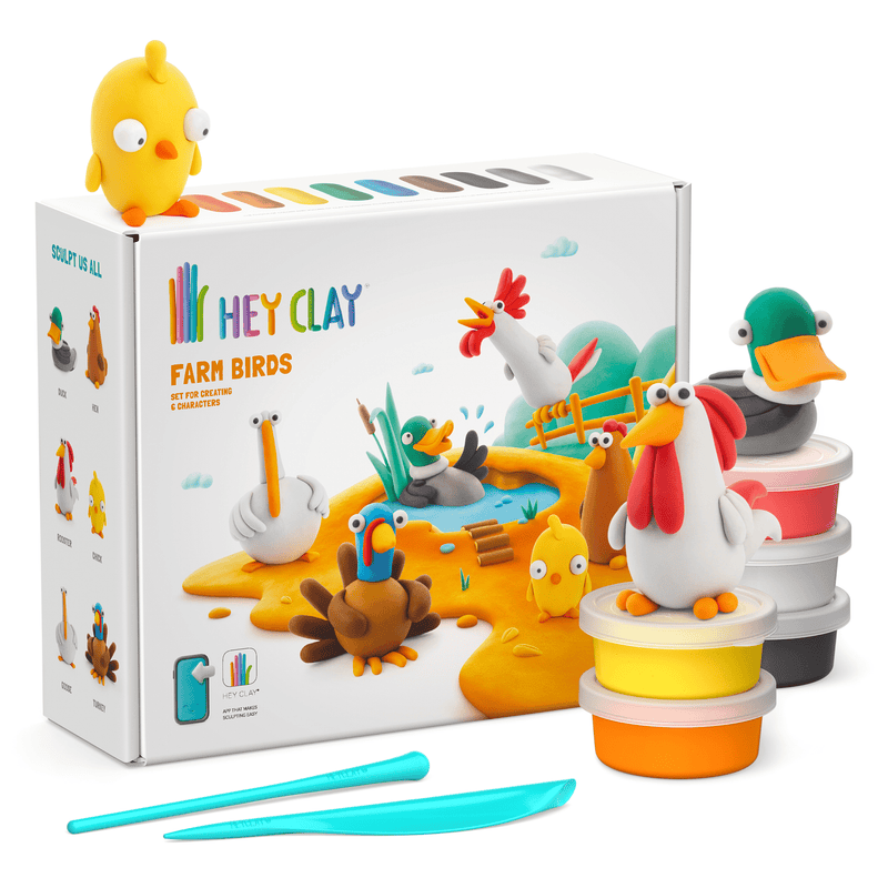 Hey Clay boetseerset Farm Birds - 15 potjes - Boetseren Hey Clay - In den Olifant