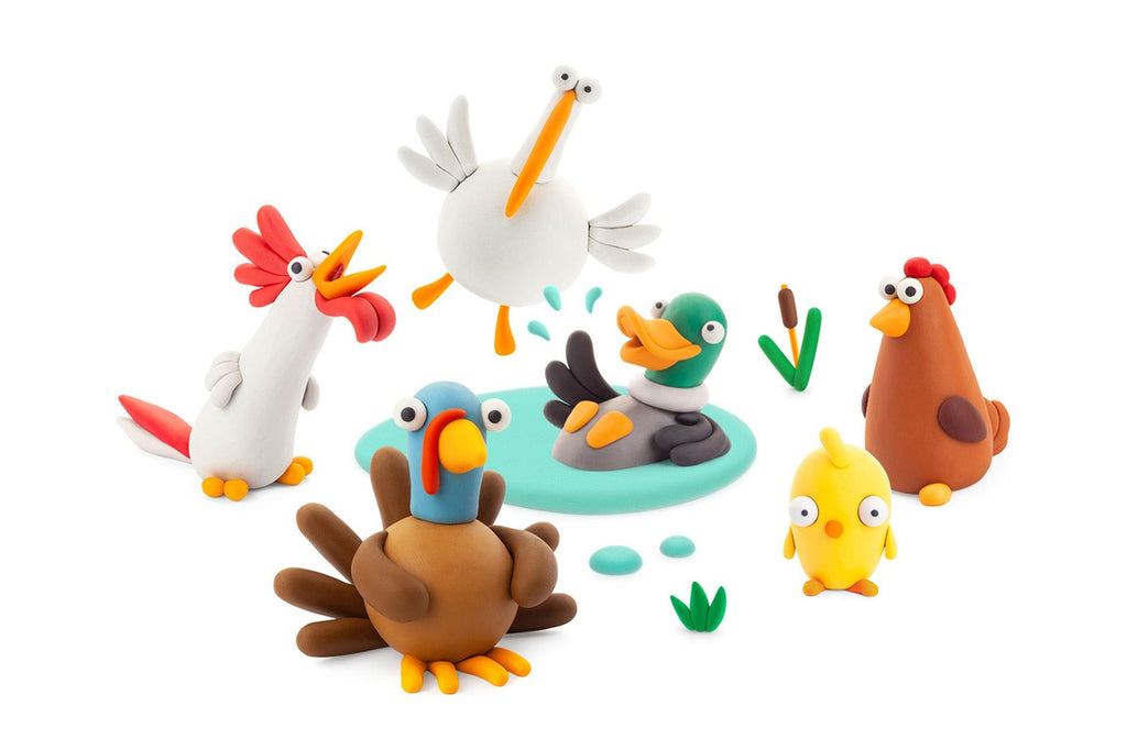 Hey Clay boetseerset Farm Birds - 15 potjes - Boetseren Hey Clay - In den Olifant