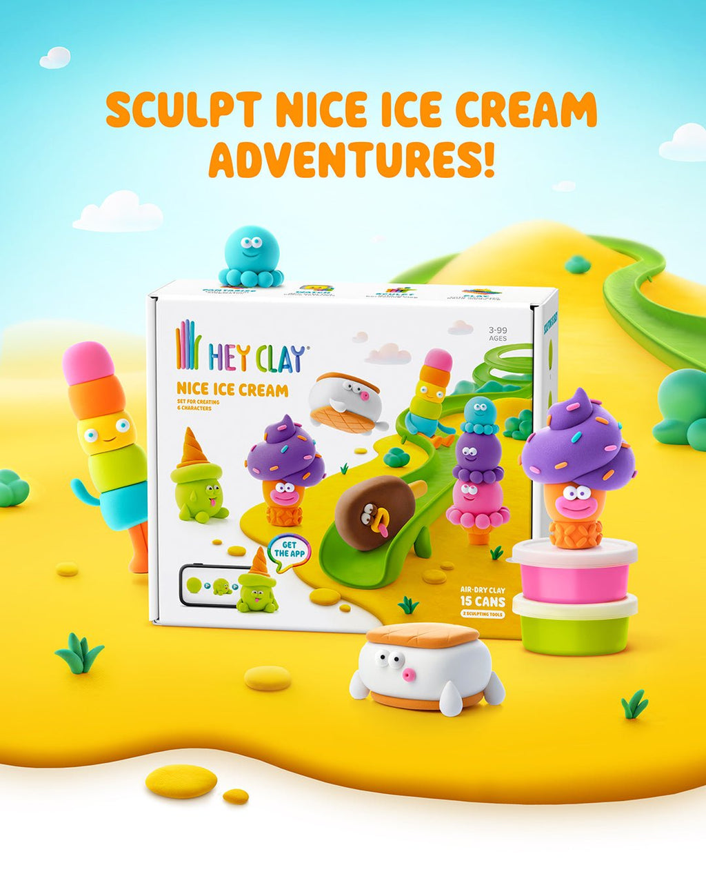 Hey Clay boetseerset Nice Ice Cream - 15 potjes - Boetseren Hey Clay - In den Olifant