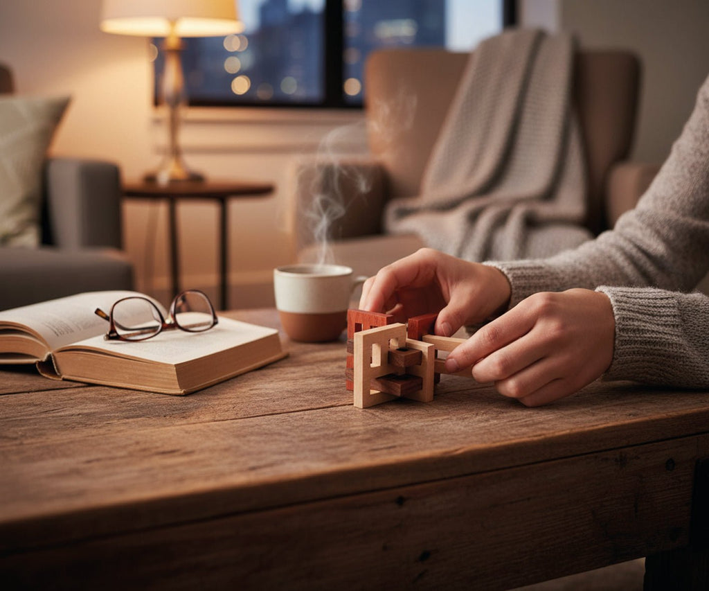 Houten breinbreker 3D VIP Gold Sliding Six Brothers Kongming Lock - Breinpuzzels en tangram Eureka - In den Olifant