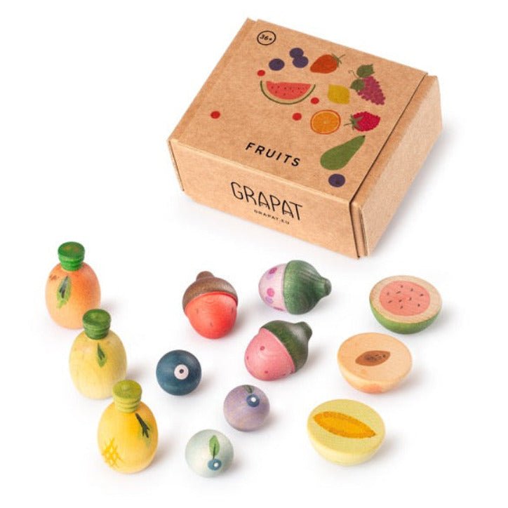 Houten fruit Fruits - set van 12 - Open ended speelgoed Grapat - In den Olifant