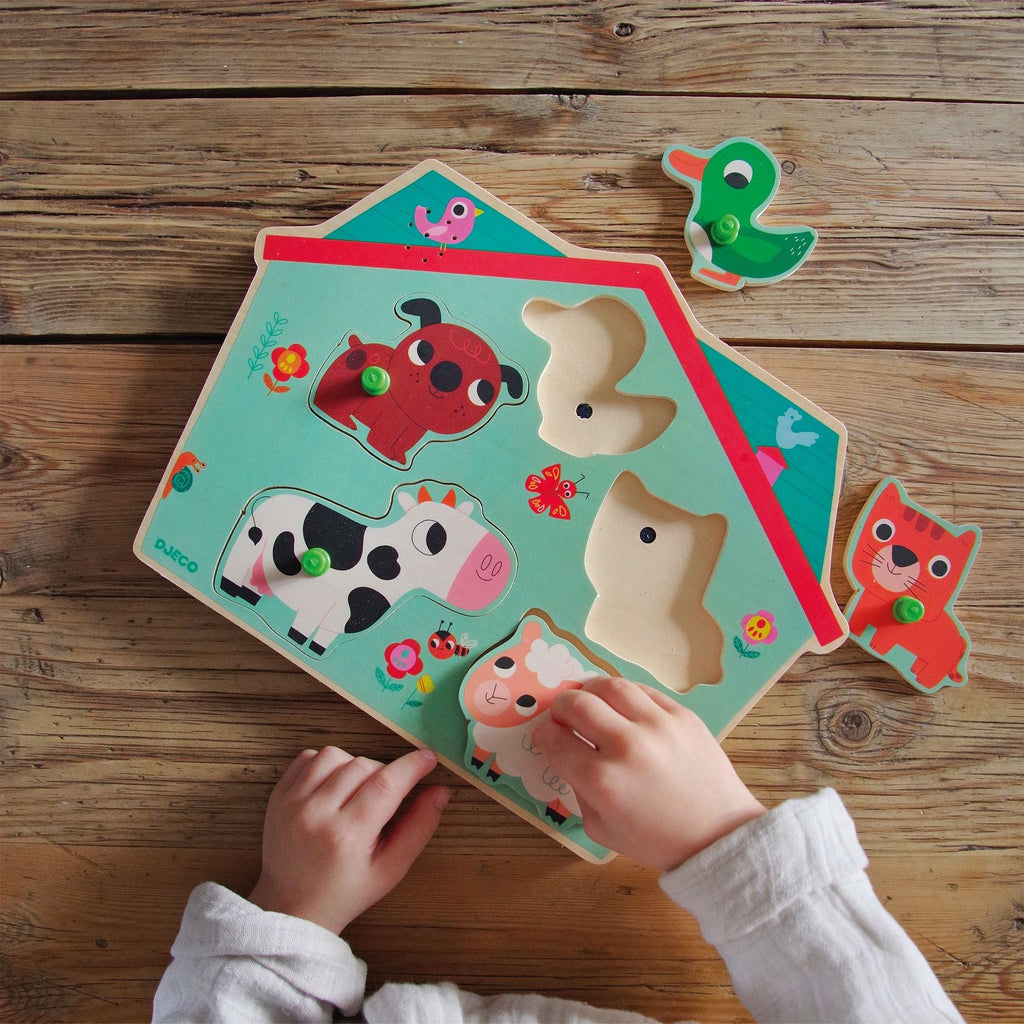 Houten inlegpuzzel met geluid - Ouaf Woof - Speciale puzzels Djeco - In den Olifant