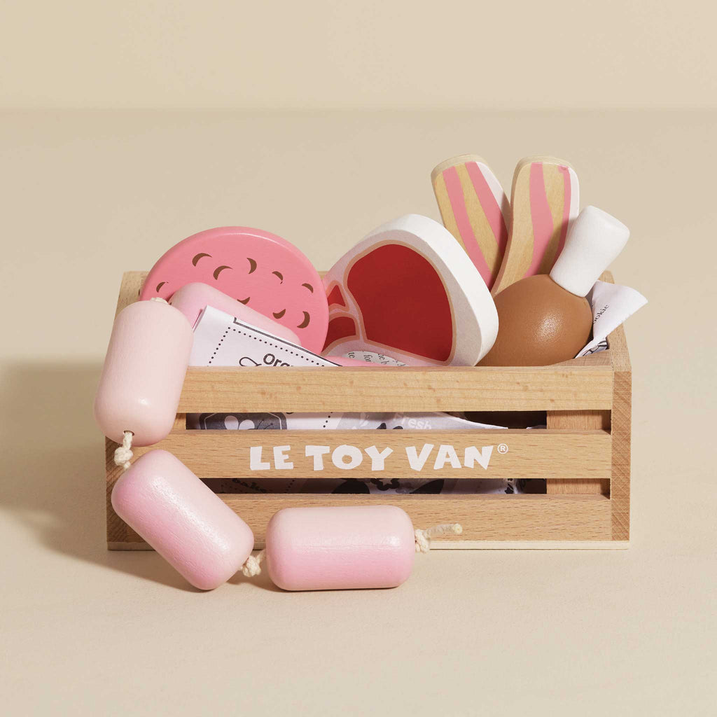 Houten kistje met vlees van de slager - Speelkeuken en winkeltje Le Toy Van - In den Olifant