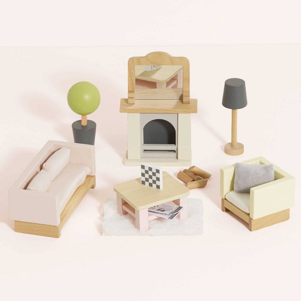 Houten Poppenhuismeubels Woonkamer - 18 delige set - Poppenhuismeubels en accessoires Le Toy Van - In den Olifant