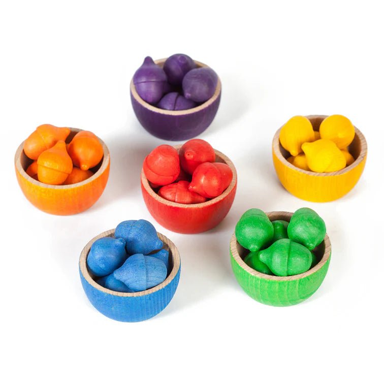Houten Sorteerspeelset Bowls & Acorns - set van 43 - Open ended speelgoed Grapat - In den Olifant