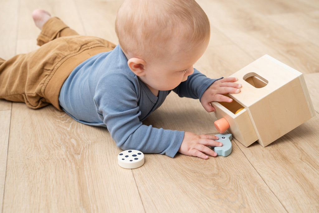 Houten sorteerspeeltje - Hide&Find Box Nozo Colour mix - Houten babyspeelgoed Done by Deer - In den Olifant