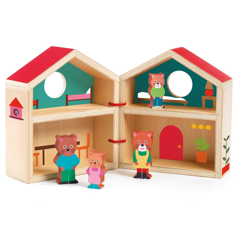 Houten speelhuisje met 4 figuren - Minihouse - Poppenhuizen en kastelen Djeco - In den Olifant