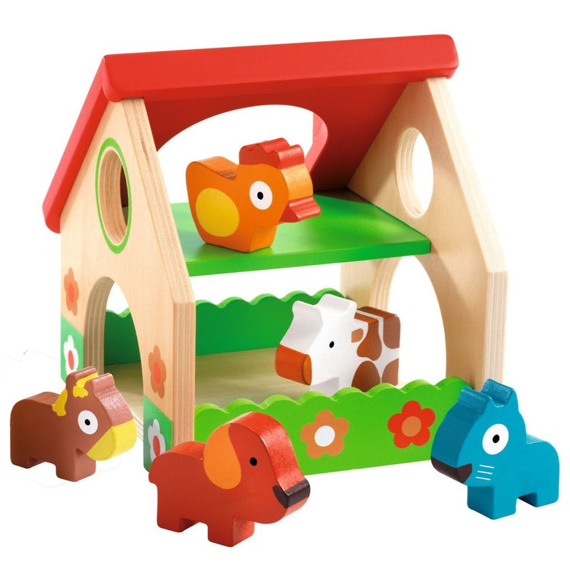 Houten speelset - Miniboerderij met 5 dieren - Poppenhuizen en kastelen Djeco - In den Olifant
