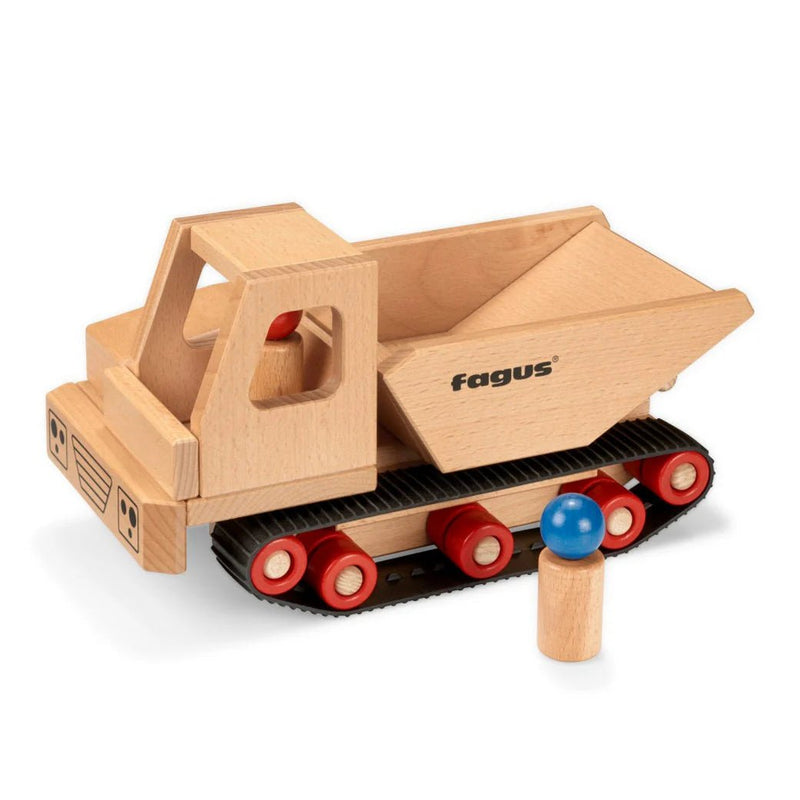 Houten voertuig Caterpillar Dumper met 2 popjes - Auto's en voertuigen Fagus - In den Olifant