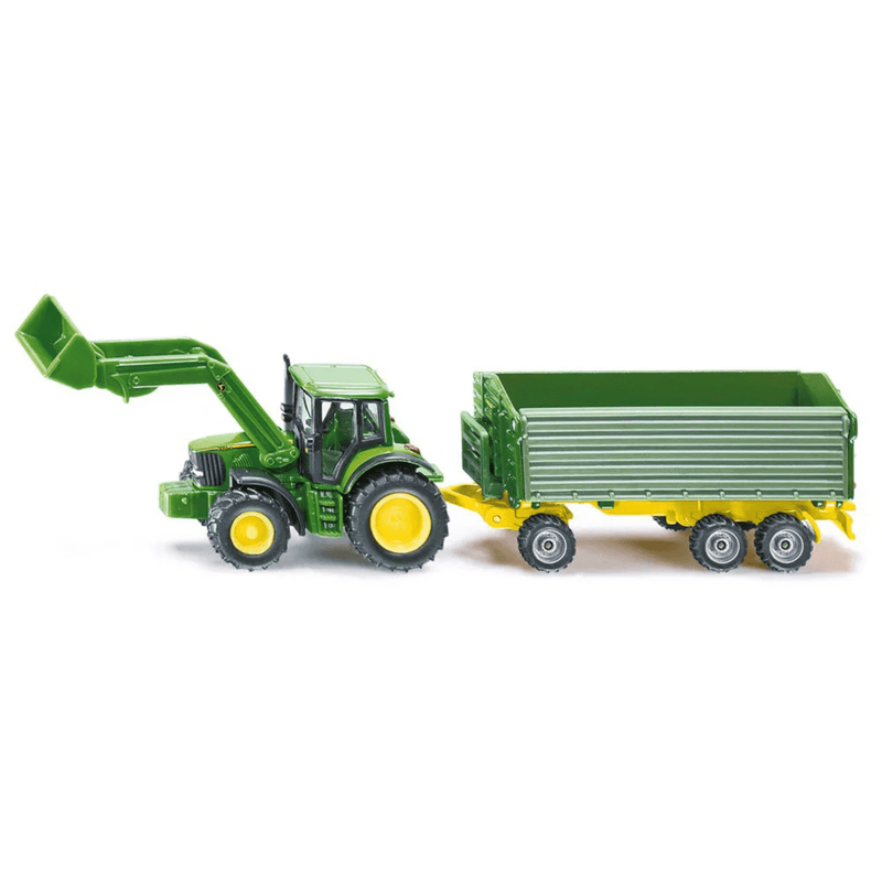 John Deere met voorlader en aanhanger 1:87 - Auto's en voertuigen Siku - In den Olifant