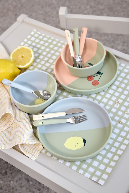 Kinderbestek met siliconen handvat Happy Fruits Cherry - set van 3 - Aan tafel Lässig - In den Olifant