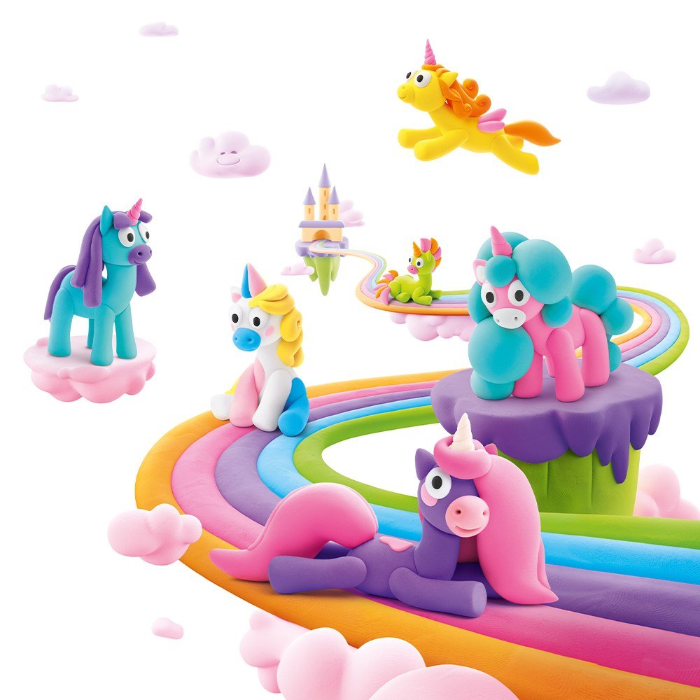 Kleiset Rainbow Unicorn Brighty - 3 potjes - Boetseren Hey Clay - In den Olifant