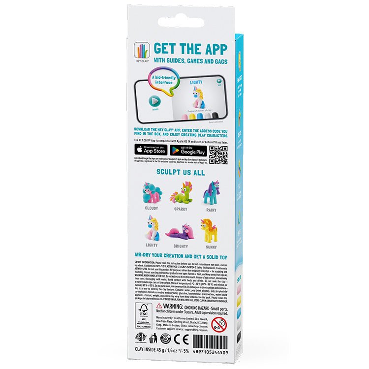 Kleiset Rainbow Unicorn Lighty - 3 potjes - Boetseren Hey Clay - In den Olifant