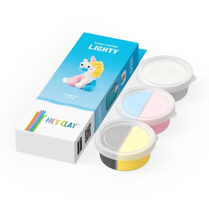Kleiset Rainbow Unicorn Lighty - 3 potjes - Boetseren Hey Clay - In den Olifant