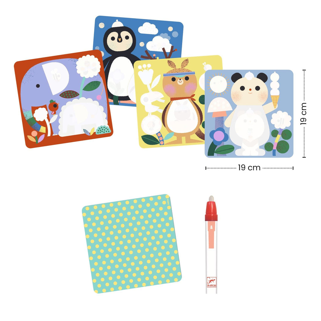 Magische kleuurset met waterpen - Kiekeboe, dierenbaby’s van over de hele wereld - Kleuren en tekenen Djeco - In den Olifant