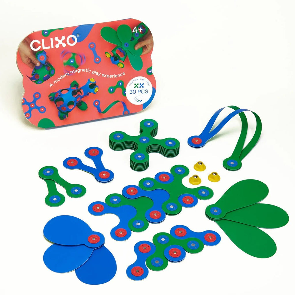 Magneetspeelgoed Crew Pack Blue/Green - set van 30 onderdelen - Magnetische bouwspeelgoed Clixo - In den Olifant