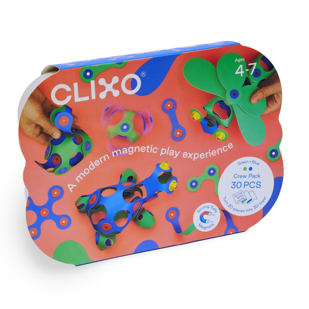 Magneetspeelgoed Crew Pack Blue/Green - set van 30 onderdelen - Magnetische bouwspeelgoed Clixo - In den Olifant