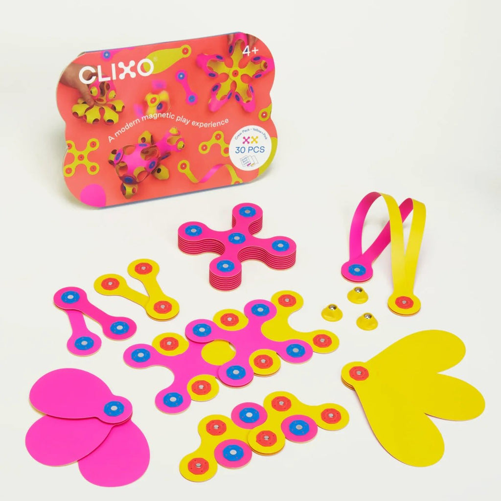 Magneetspeelgoed Crew Pack Pink/Yellow - set van 30 onderdelen - Magnetische bouwspeelgoed Clixo - In den Olifant
