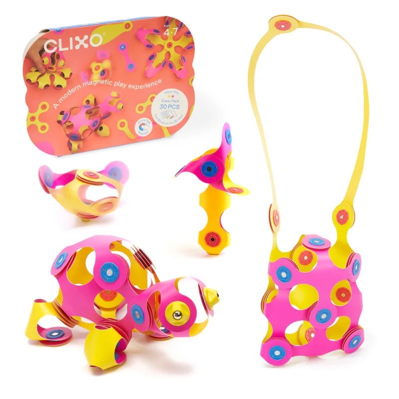 Magneetspeelgoed Crew Pack Pink/Yellow - set van 30 onderdelen - Magnetische bouwspeelgoed Clixo - In den Olifant