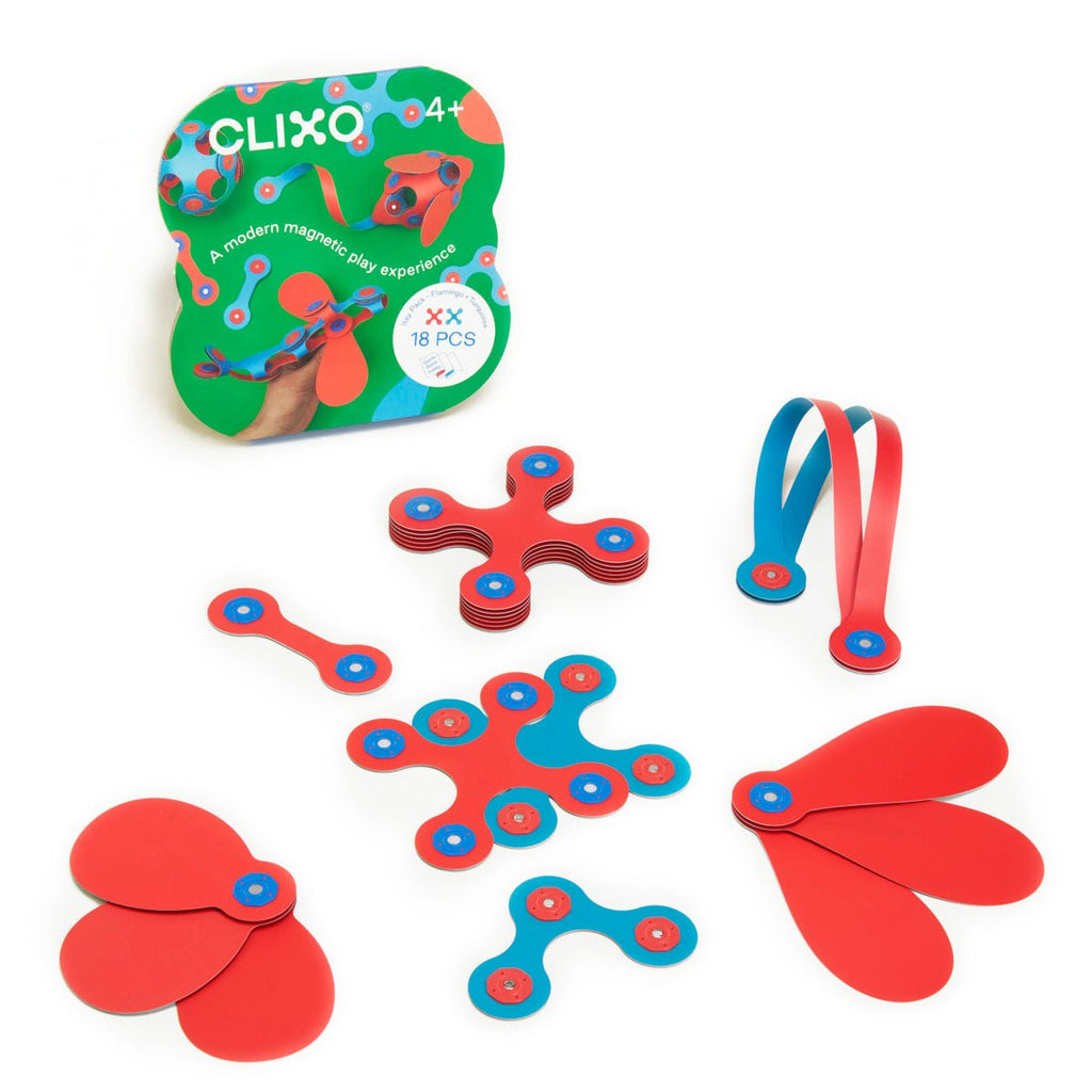 Magneetspeelgoed Itsy Pack Flamingo/Turquoise - set van 18 onderdelen - Magnetische bouwspeelgoed Clixo - In den Olifant