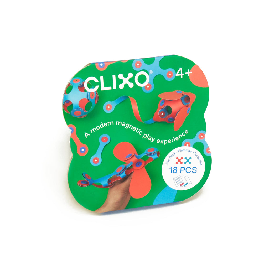 Magneetspeelgoed Itsy Pack Flamingo/Turquoise - set van 18 onderdelen - Magnetische bouwspeelgoed Clixo - In den Olifant