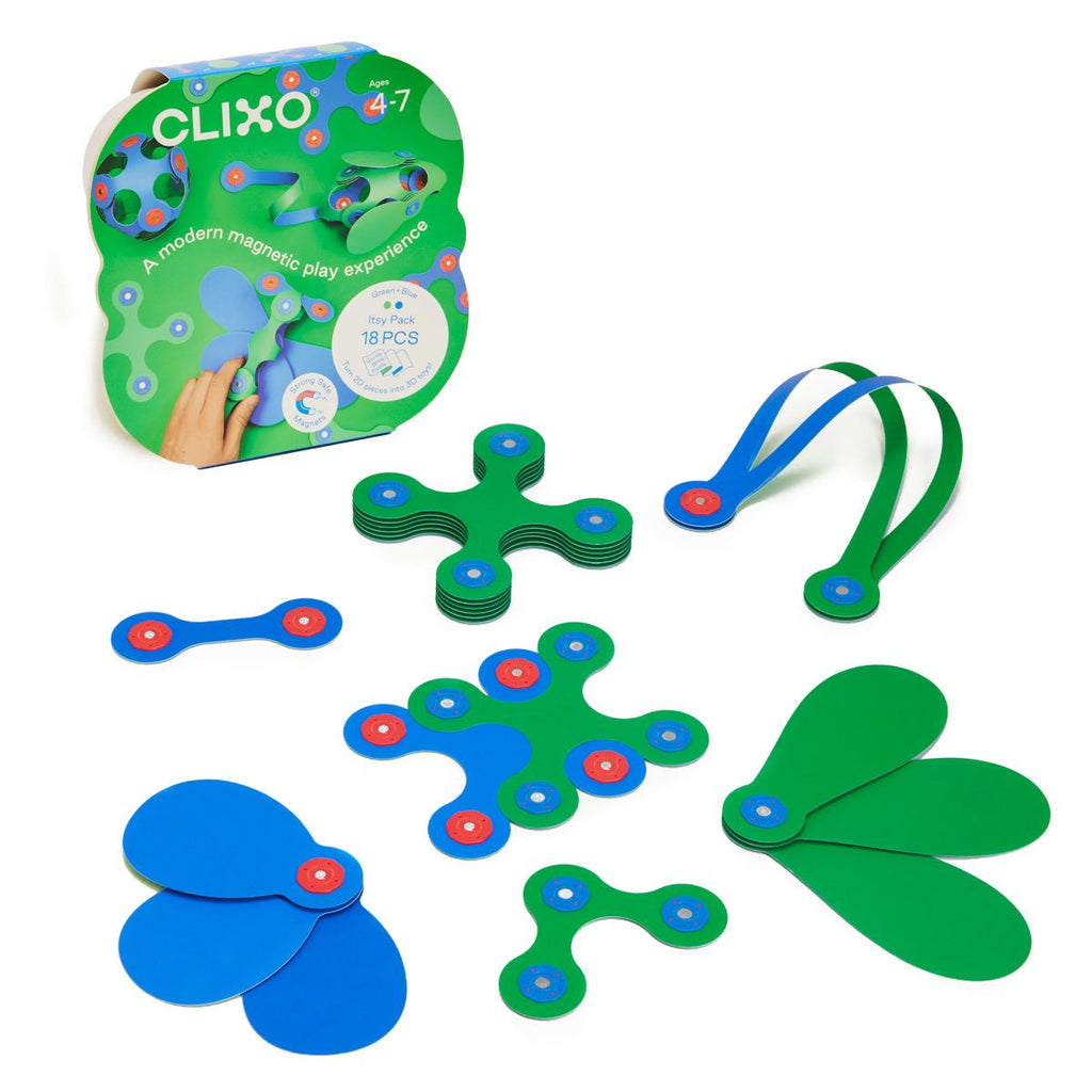 Magneetspeelgoed Itsy Pack Green / Blue - set van 18 onderdelen - Magnetische bouwspeelgoed Clixo - In den Olifant