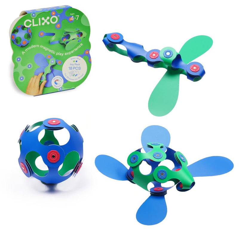 Magneetspeelgoed Itsy Pack Green / Blue - set van 18 onderdelen - Magnetische bouwspeelgoed Clixo - In den Olifant