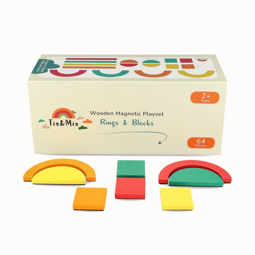Magnetische bouwset Tix&Mix Rings & Blocks - 64 houten magneten - Magneten en letters Tix&Mix - In den Olifant
